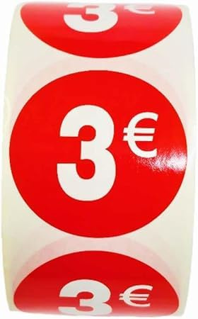 3 rollos de etiquetas de precio '3€' para productos rebajados | 1.500 pegatinas autoadhesivas de descuento en color rojo brillante | Pegatinas redondas para etiquetar ofertas de Ø35 mm (3€ -3)