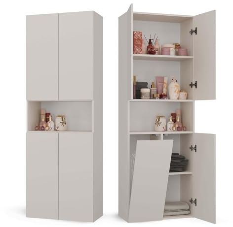 CDF Badezimmerschrank Bad Schrank Mit Wäschekorb Kashmir Badschrank Mehrzweckschrank Badregal Stehend Hochschrank Offene Regale Tür Bodenschrank Allzweckschrank 1 Wäschekorb 174x60x30