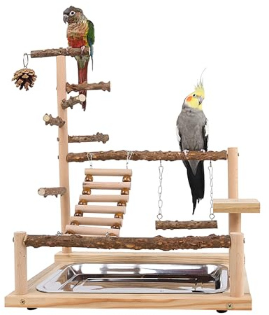 Dynaeuty Bird Playground, Parrot Perch Stand, Natural Wood Parrot Playstand with Feeder Cups, Bird Cage Accessories, for Cockatiel Parakeet Lovebird Budgie