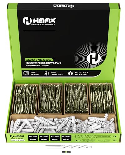 Heifix 320-Piece Wall Plug and Screw Set In Eco Storage Box - FREE 6mm Masonry Drill Bit and PZ2 Bit - Assorted Sizes for Masonry and Wood, Ideal for DIY and Home Project