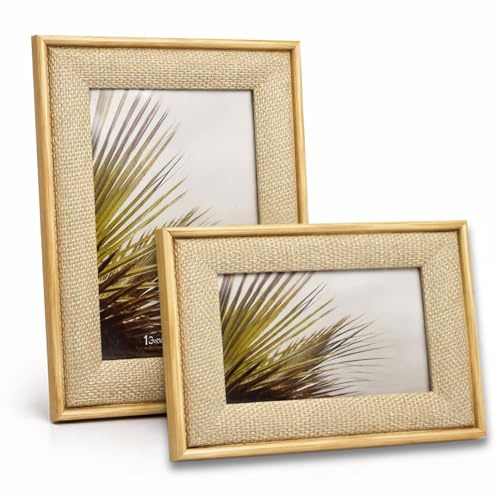 Jacky&Choco Set de 2 Marcos de Fotos de Madera con Lino Beige, 10x15 y 13x18 cm, Portafotos con Orientación Vertical u Horizontal para Decoración del Hogar