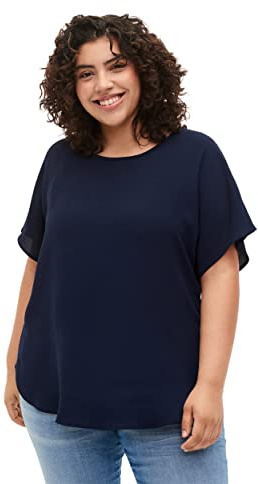 Zizzi Stora storlekar damer kortärmad blus med rund hals storlek 42–56 – plus size damkläder, marinblå blazer, 46-48 plus size