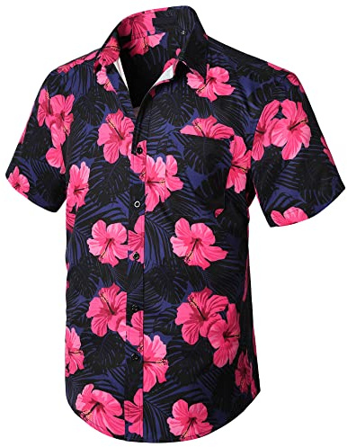 Enlision Camisa Hawaiana Flores Hombre Manga Corta Funky Floral Casual Verano Bolsillo Frontal Púrpura Rosa Aloha Hoja Estampada Hawaii Camisas Playa L