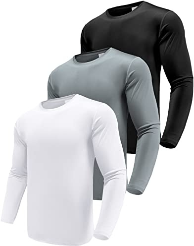 Men's 3 Pack Performance Long Sleeve T-Shirts, UPF 50+ Sun Protection Shirts, Athletic Workout Shirts for Running Black/White/Grey-3P01-L