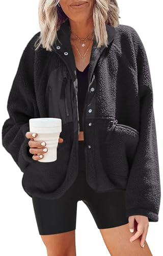Nirovien Fuzzy Fleece Jacket Womens Sherpa Jacket Button Up Outwear Fleece Winter Coats for Women(Black,S)
