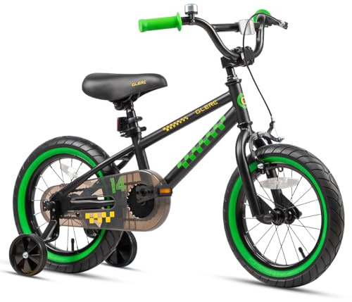 Glerc NuNu Kids Bike, 14 Inch Boys Bike for 3-5 Years Old Children, BMX Style Kids Bicycle with Training Wheels & Coaster Brake, Black and Green