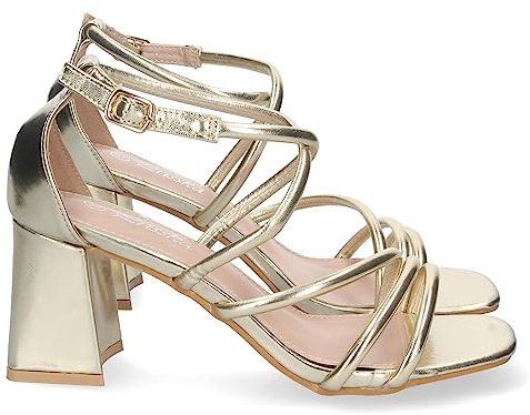 shoes&blues.es 75294 Sandalia de Tacon para Mujer, Comodo, con Tiras Finas Cruzadas, Talon Cerrado, y Cierre de Hebilla Oro Talla 36
