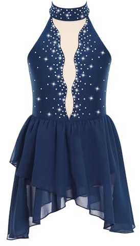 CHICTRY Abito da Pattinaggio Artistico Bambina Paillettes Tutu Vestito Danza Classica Body da Balletto Abito da Ballo Latino Ballerina Costumi di Danza Jazz Performance Blu C 11-12 Anni