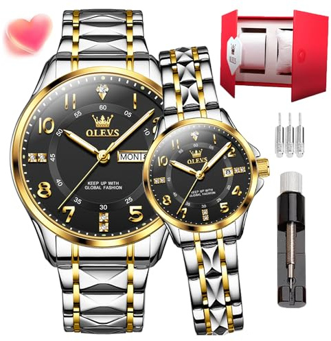 OLEVS Pareja Reloj de Cuarzo para Hombre y Mujer, Acero Inoxidable, Boda, Expresión Romántica, Día y Noche, Brillo, Calendario, Resistente al Agua, Casual