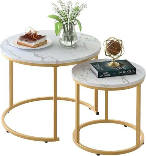 Round Coffee Tables, Set of 2 End Table, Nesting Tables, Side Table with Metal Frame for Living Room/Bedroom/Balcony/Office/Apartment, Diameter 23.6/15.7 IN (Gold Frame, White Wood Marble Finish Top)