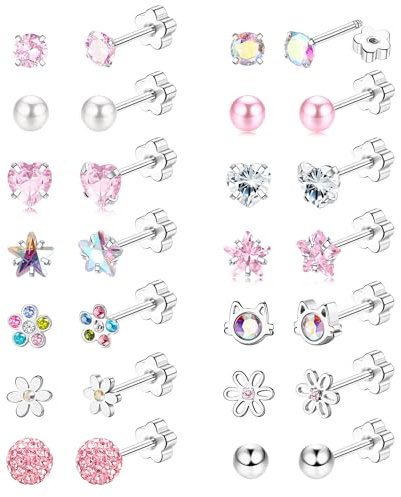 JeweBella Boucles d'Oreilles Fille - Ensemble Hypoallergénique Acier Inoxydable avec Fleur, Cœur, Étoile CZ Multicolore et Vis Dos