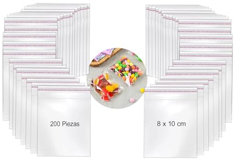 Bolsas celofán transparente, bolsas de plástico cierre autoadhesivas, bolsas autoadhesivas de embalaje para joyas, regalos y chuches. (8 X 10 Cm (200 Piezas))