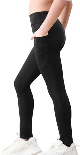 Monbessi Girls Sports Leggings with Pockets High Waisted Kids Workout Leggings Yoga Dance Gym Pants 5-12 Years(120, Black)