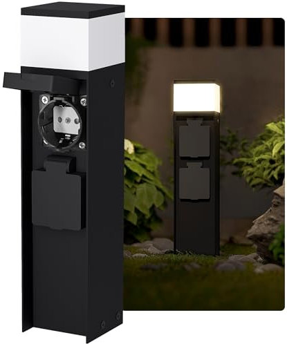 SSC-LUXon ZAVO Energiesäule außen IP44 2 wasserfeste Schuko-Klapp-Steckdosen - Pollerleuchte Wegeleuchte schwarz 230V