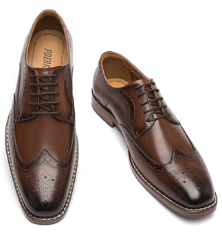 Poerkan Zapatos Oxford y Derby para hombre: clásicos de vestir formales con cordones de cuero en negro y marrón con detalles de brogues patentados, Brown, 40 2/3 EU