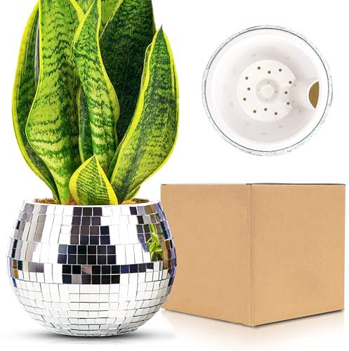 Discokugel Blumentopf Selbstbewässerungs,Discokugel Übertöpfe,Discokugel Pflanzentopf,Disco Vase,Silber Mosaik Spiegelkugel Blumentopf,Kunststoffe Disco Kugel Deko Topf für Party,Büro,4*5 Zoll