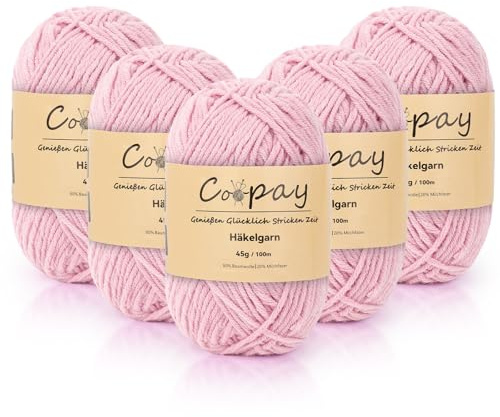 Coopay Lana para ganchillo, 225 g (5 x 45 g), 5 ovillos de lana para tejer, lana de bebé para principiantes, hilo de ganchillo muy suave para proyectos de ganchillo y punto, rosa claro