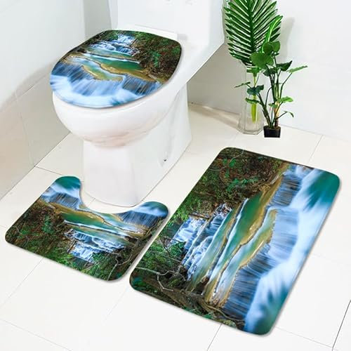 Badrumsmatta blågrönt vattenfall WC matta med utsnitt WC lockskydd 3 delar WC matta halkfri badrumsset U-formad badmatta tvättbar badrumsmatta set 50 x 80 cm