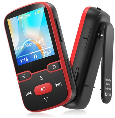 64GB MP3 Player Bluetooth 5.3 with Clip, HiFi Sport Music Player, 1.5 Inch Screen MP3 Player for Kids with Physical Buttons, FM Radio/Pedometer/Voice Recorder, Weighs Only 28g, TF Card Up to 128G(Red)