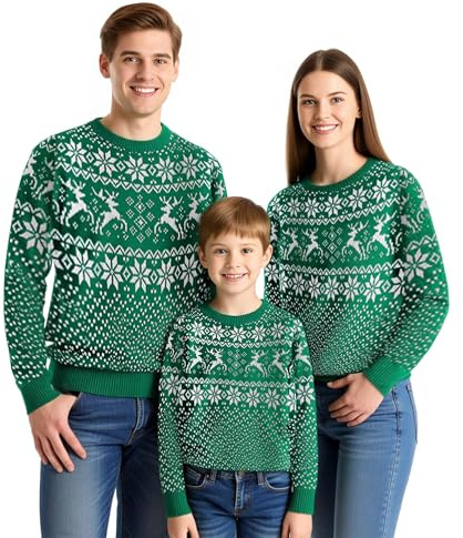 Winging Day Family Matching Christmas Reindeer Green Pullover Sweater Outfits for Kids Size Medium