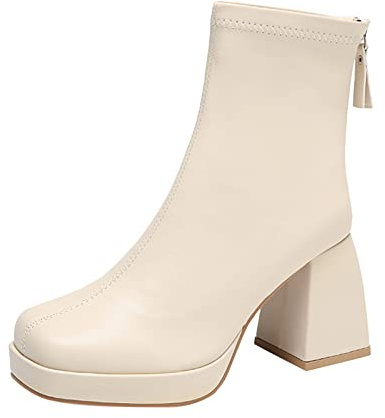 Generisch Stivaletti da donna, beige, con gambo XXL, elasticizzati, tinta unita, antiscivolo, tacco a blocco, retro con chiusura lampo, punta quadrata, con tacco alto, beige., 40 EU