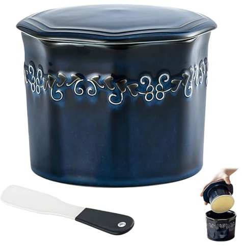 Burriera francese VEGOATY con coltello in ceramica: campana in ceramica da 280 ml per burro fresco e spalmabile, burriera raffreddata ad acqua, regali per amici e mamme - smalto reattivo blu