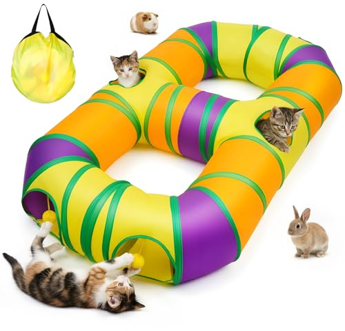 Cat Tunnel for Indoor Cats 8-Shaped, Collapsible Cat Playhouse Pet Play Tunnel Tube Maze with Hanging Pom-Poms and Interactive Hole for Kitten, Kitty, Puppy, Rabbits, Ferret, Guinea Pig