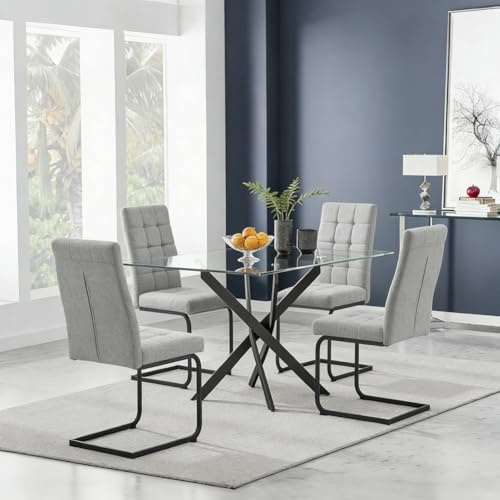 Rectangle Glass Dining Table Set for 4 with Grey Velvet Chairs for Home | Modern Glass Kitchen Table, Black Crossed Legs, Stylish High-Back Padded Seating, Ideal for Family Dining, Apartment