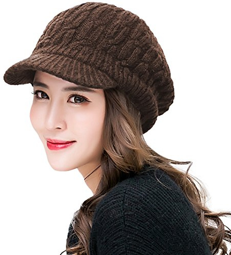 Comhats 50 %/100 % ull vinter skärmmössa för kvinnor, stickad mössa med skärm, varm beanie