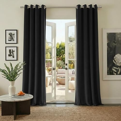 PONY DANCE Velvet Blackout Curtains - Black Thermal Insulated Eyelet Curtains 84 Inch Drop for Bedroom Living Room, Room Darkening Soundproof, Luxury Home Decor, W52xL84, 2 Panels