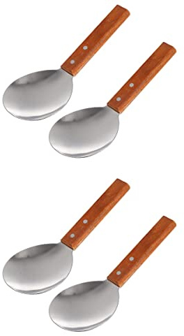 Rice Paddle 4 Pcs Japanese Rice Spatula Versatile Non Stick Serving Spoon with Wood Handle Tofu Scoop Stainless Steel Rice Spoons for Home Kitchen Large Soup Scoop