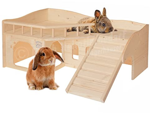 Resch Nr37 Kaninchenschloss ohne Turm, Massivholz aus Fichte/mit 3 großen EIN-/Ausgängen im Erdgeschoss, Einer anschraubbaren Treppe und Einer riesigen Terrasse