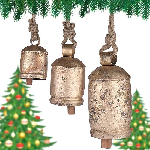Set di campane da appendere rustiche a forma di mucca, grandi ornamenti in metallo dorato (10,2 cm, 15,2 cm, 20,3 cm) per decorazioni natalizie, decorazioni vintage, campane fatte a mano, campanaccio