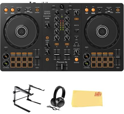 Pioneer DJ DDJ-FLX4 2-Channel DJ Controller - Black Bundle with Laptop Stand, Headphones, and Austin Bazaar Polishing Cloth