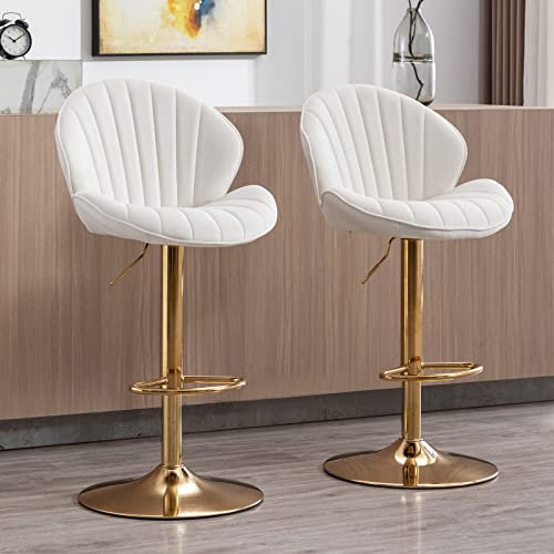 Wahson Velvet Bar Stools Set of 2 Breakfast Bar Chairs with Backrest, Adjustable Swivel Counter Chairs High Stools for Kitchen Island/Home Bar, White
