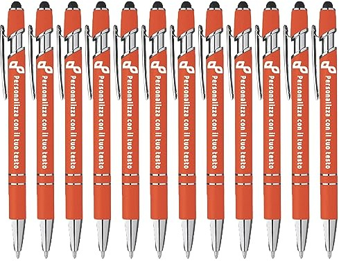 StickerLab Penna a sfera Touch in alluminio Personalizzata, Prodotto Made in Italy. Stampa Digitale UV del logo e testo Personalizzato - Arancione - 12pz