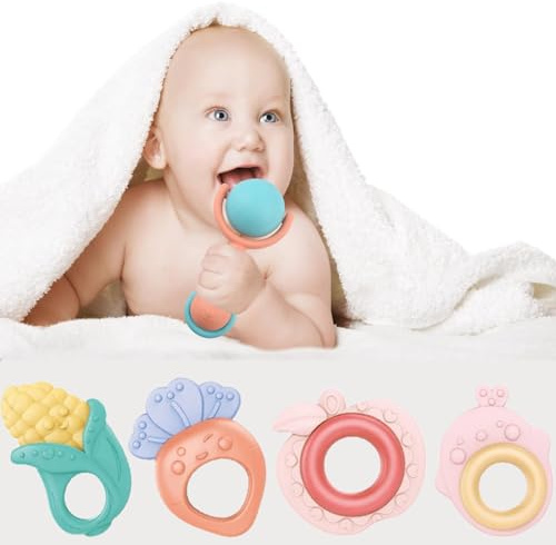 GERCHAM Sonajero Mordedor Bebe - 5 Piezas Sonajeros Juguetes Bebes 0-3 6-12 meses Recién Nacidos Juguetes para la Dentición con caja de regalo de embalaje, para Bebes 0+ meses