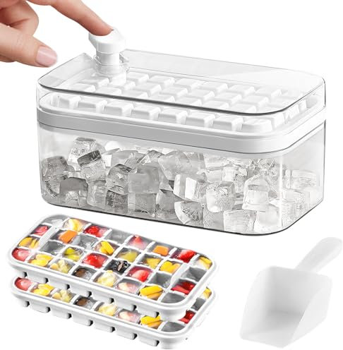 Ice Cube Tray with Lid and Storage, Press Type Ice Cubes Maker with 64 Ice Cubes Mould & Ice Scoop, Ice Cube Trays for Cocktail, Whiskey, Coffee, Drinks (White)