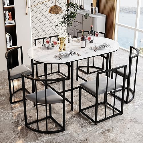 Lexiou Set di 6 sedia da pranzo: tavolo bianco, sedie con schienale e imbottitura grigia, struttura in ferro, moderna combinazione