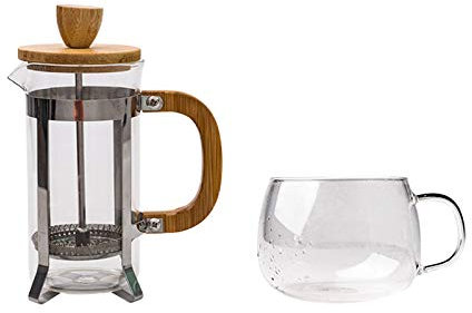 Cafetera de Olivo de Vidrio con Mango de Madera Cafetera de Botón Francés Cafetera de Acero Inoxidable Cafetera con Juego de Tazas Cafetera Doméstica/Blanco/400 Ml