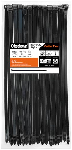 Oksdown 100 Pack Black Thick Cable Ties Heavy Duty Large 300mm×7.6mm Strong Nylon Plastic Self Locking 12 inch/30 cm Zip Tie Wraps