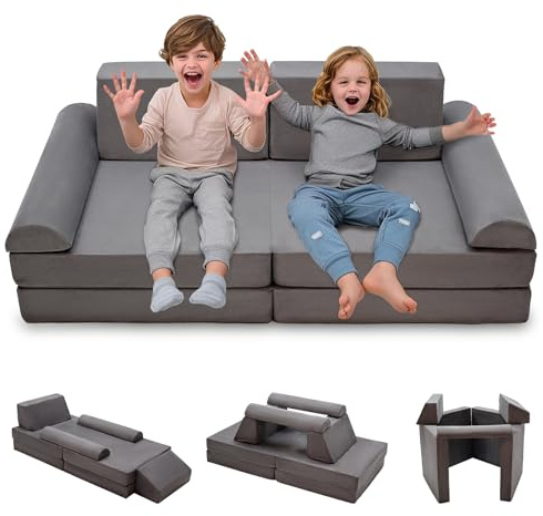 Kinevoli 8pcs Modular Kids Couch, Toddler Play Sofa for Playroom Bedroom, Convertible Foam and Floor Cushion for Boys & Girls, Gray