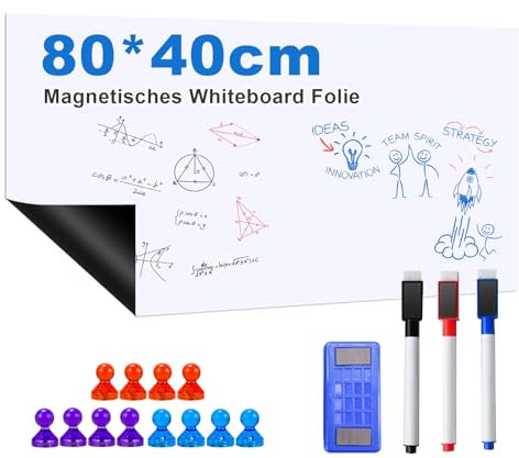 UNOSEKS Pellicola magnetica per lavagna bianca, 40 x 80 cm, autoadesiva, per lavagna magnetica, lavabile, colore bianco, con pennarelli, spugna e pellicola magnetica da parete per superfici lisce in