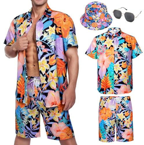 Chemise Hawaïenne Homme, Chemisette Homme Manche Courte T-Shirt et Short Chapeau Lunettes de Soleil Eté Fete Plage Tropicales (FR/ES, Alpha/Lettres, L, Taille Normale, Taille Normale, Floral Noir)