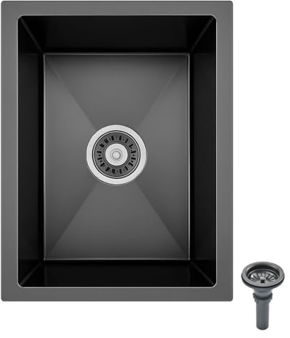 Kitchen Sink Black 38 x 30 cm – Stainless Steel – Compact Undermount Single Bowl Sink with Drainer Fittings & Drying Rack – Ideal for Small Kitchens, Bars, or Utility Rooms (Undermount, 38x30cm)
