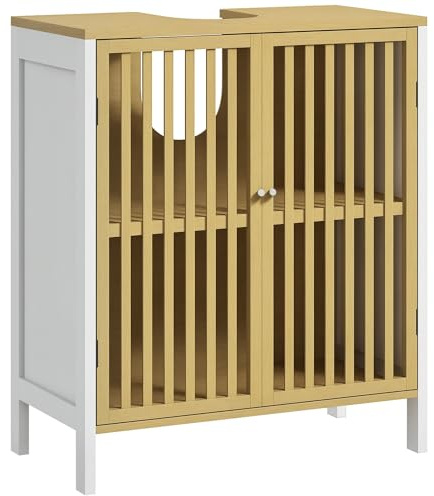 HOMCOM Under Sink Bathroom Cabinet, Bamboo Sink Storage Cabinet, Bathroom Vanity Unit with 2 Slat Doors, Adjustable Shelf and U-Shape Slot for Pipe Fit, Natural and White