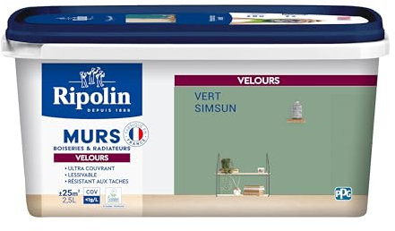 RIPOLIN - Peinture Intérieure Multi-Supports – Murs, Boiseries & Radiateurs – Ultra couvrante - Monocouche - Confort d'application - Aspect Velours - Vert Simsun - 2,5L