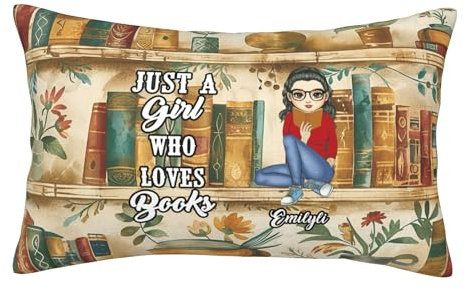 Personalized Just A Girl Who Loves Books Pillow Covers Custom Name & Portrait Pillowcase Home Decor Gifts for Book Lover Women Librarians Teacher Readers Birthday Christmas