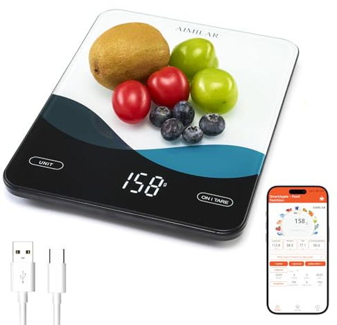 AIMILAR Bluetooth Kitchen Scale 10kg/22lb - Smart Nutrition Food Scale with App Calorie & Macro Tracker, Nutritional Analysis, USB-C Rechargeable, Tempered Glass, LED Display, Tare, g/lb:oz/oz/ml