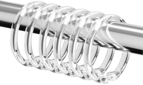 FrostyFlair Anillos para Cortina de Ducha, 24 Piezas Anillos con Ganchos, Ganchos de Plástico para Cortina de Ducha, Anillos Transparentes en Forma de O para Cortinas de Ducha, Instalación Fácil